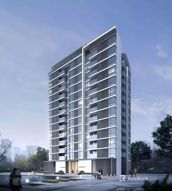Modern High Rise Apartment Building with Glass Curtain Wall and Balconies Near Trees 3d model 