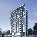 Modern High Rise Apartment Building with Glass Curtain Wall and Balconies Near Trees