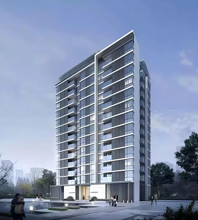 Modern High Rise Apartment Building with Glass Curtain Wall and Balconies Near Trees 3d model