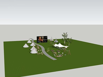 Outdoor Coachella Event Space With White Tents Palm Trees And Grass Pathway 3d model