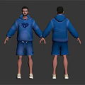 Man In Blue Hoodie And Blue Shorts With White Shoes Front Back Views