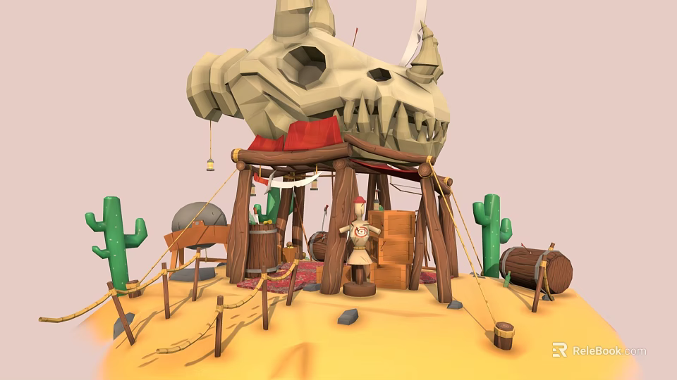 Cartoon Desert Scene Featuring Skull Head Tent Cacti Barrels Figure Ropes And Stones 3d model 