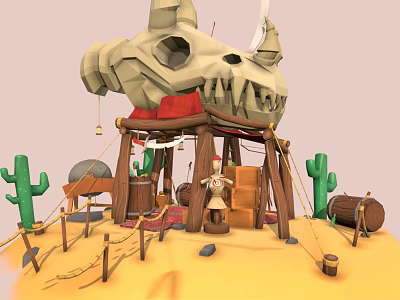 Cartoon Desert Scene Featuring Skull Head Tent Cacti Barrels Figure Ropes And Stones 3d model