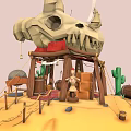 Cartoon Desert Scene Featuring Skull Head Tent Cacti Barrels Figure Ropes And Stones