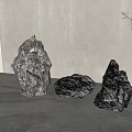Natural Stone And Wooden Decor Pieces With Green Plant In Gray Interior