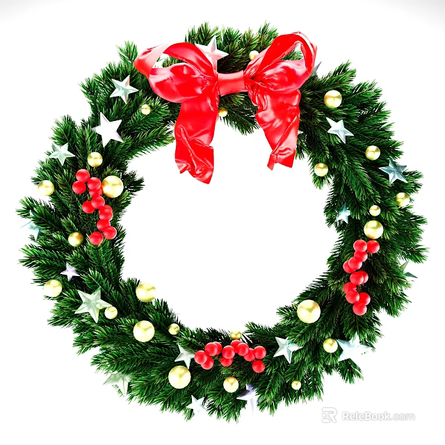 Festive Christmas Wreath Decorated With Evergreen Tree Branches Red Bow Stars And Berries 3d model 