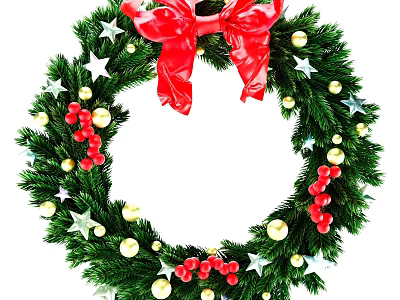 Festive Christmas Wreath Decorated With Evergreen Tree Branches Red Bow Stars And Berries 3d model