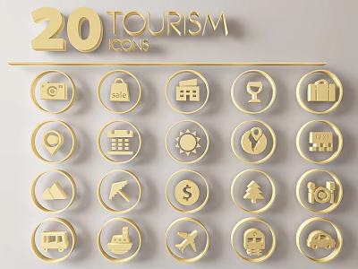 Wall Decor With 20 Golden Tourism Icons And Circular Travel Symbols 3d model