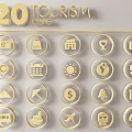 Wall Decor With 20 Golden Tourism Icons And Circular Travel Symbols