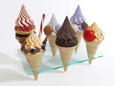 Colorful Ice Cream Cones With Various Flavors And Toppings On Glass Tray 3d model