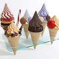 Colorful Ice Cream Cones With Various Flavors And Toppings On Glass Tray