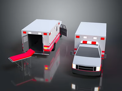 Ambulance Emergency Vehicles with Open Rear Door and Red Medical Stretcher 3d model