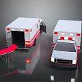 Ambulance Emergency Vehicles with Open Rear Door and Red Medical Stretcher