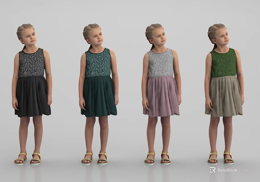 Little Girl In Sleeveless Dresses Of Various Colors Standing With Sandals On Grey Background 3d model 