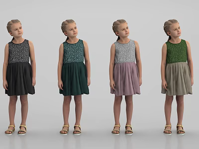 Little Girl In Sleeveless Dresses Of Various Colors Standing With Sandals On Grey Background 3d model