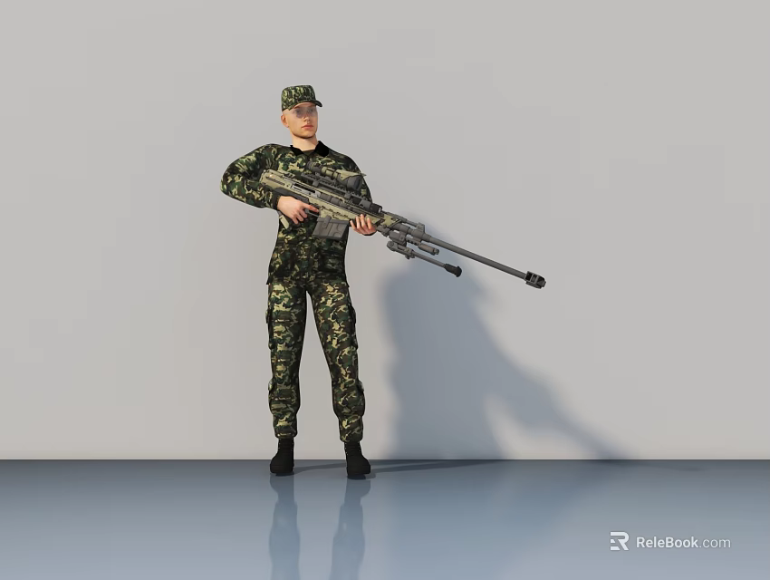 Game Movie Military Character In Camouflage Uniform Holding Sniper Rifle Standing Pose 3d model 