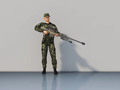 Game Movie Military Character In Camouflage Uniform Holding Sniper Rifle Standing Pose 3d model