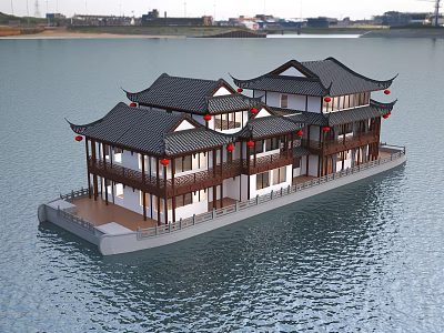 Traditional Chinese Style Floating Hotel Building With Black Tiled Roof And Red Lanterns On Water 3d model