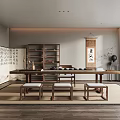 Traditional Chinese Tea Room Interior With Wooden Bookshelf Long Tea Table And Calligraphy