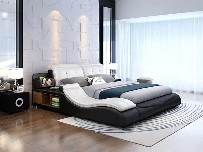 Modern Double Bed in Bedroom Background with White Headboard Black Frame and Wooden Floor 3d model