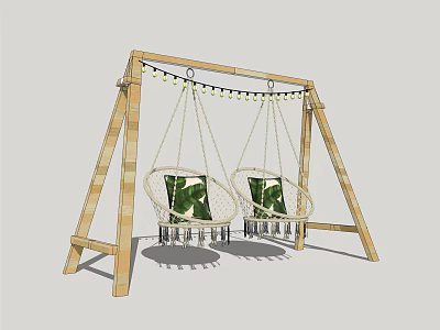 Two Woven Hanging Chairs With Wooden Frame Green Cushions And String Lights 3d model