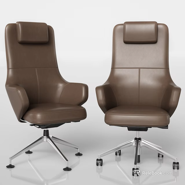 Brown Leather Office Chair With High Back Headrest Curved Armrests And Metal Base Wheels 3d model 