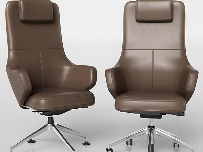 Brown Leather Office Chair With High Back Headrest Curved Armrests And Metal Base Wheels 3d model