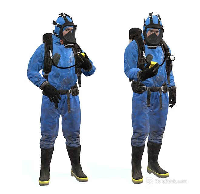 Men In Blue Protective Suits Wearing Gas Masks Holding Yellow Objects With Backpacks 3d model 