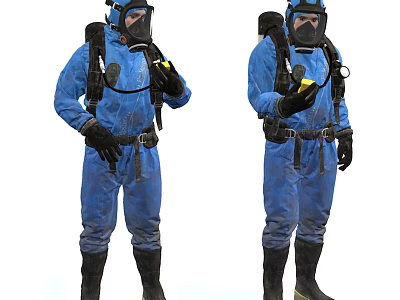 Men In Blue Protective Suits Wearing Gas Masks Holding Yellow Objects With Backpacks 3d model