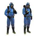 Men In Blue Protective Suits Wearing Gas Masks Holding Yellow Objects With Backpacks