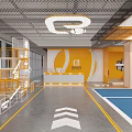Indoor Basketball Court With Blue Floor White Lines Green Balls Yellow Walls And Mesh Ceiling