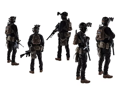 Men In Tactical Military Gear Holding Rifles With Backpacks From Different Angles 3d model