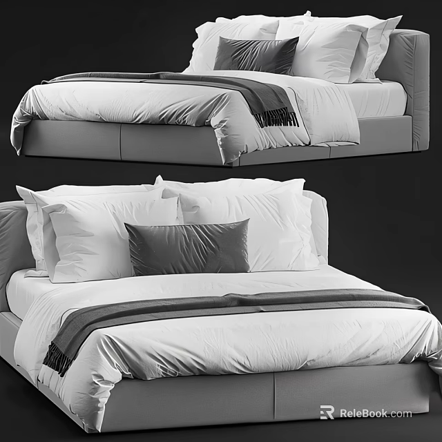 Modern Double Bed With White Linen Sheets And Gray Pillows In Bedroom 3d model 