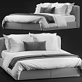 Modern Double Bed With White Linen Sheets And Gray Pillows In Bedroom