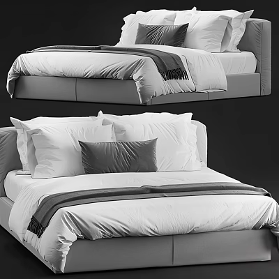 Modern Double Bed With White Linen Sheets And Gray Pillows In Bedroom 3d model