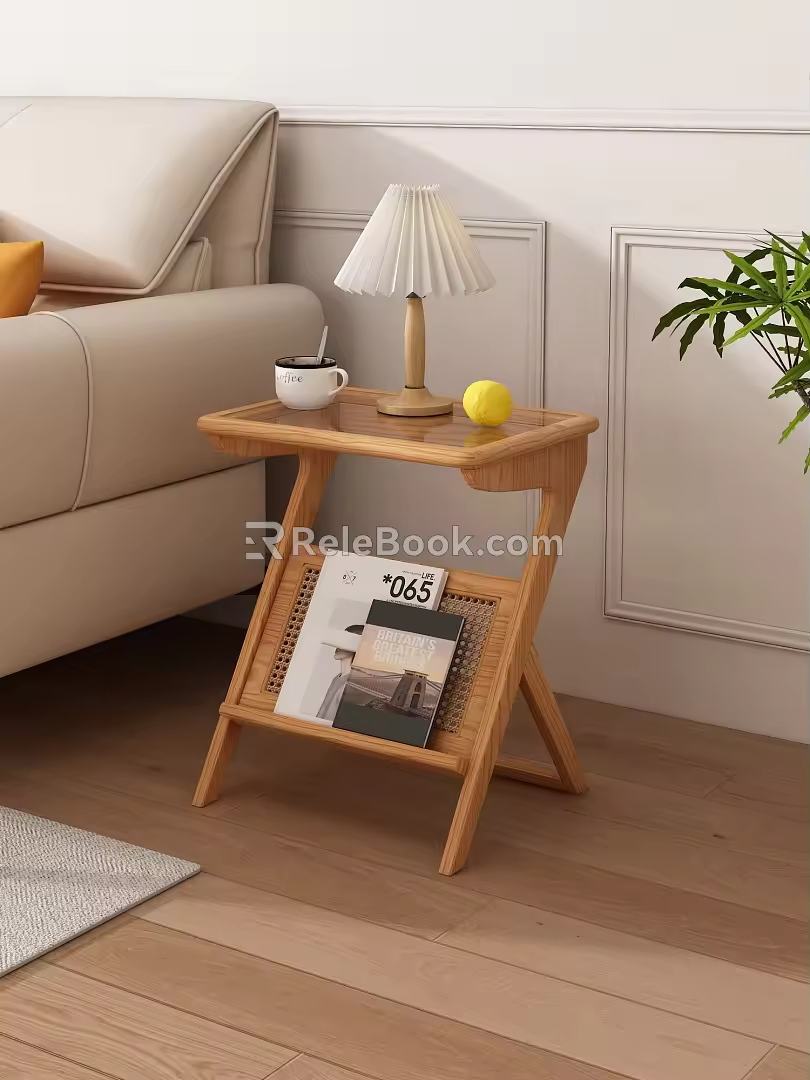 Z-shaped Solid Wood Side Table Nordic Log Style Small Coffee Table Sofa Side Table Lamp Coffee Fruit Books Green Planting 3d model
