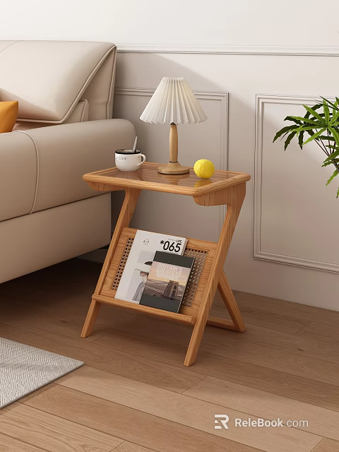 Modern Wooden Side Table In Living Room With Lamp Magazine Lemon And Plant 3d model 