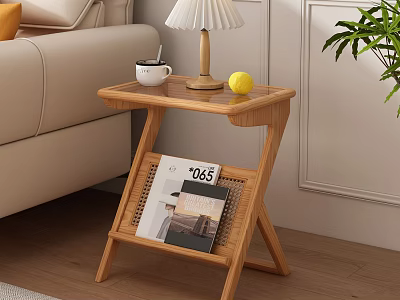 Modern Wooden Side Table In Living Room With Lamp Magazine Lemon And Plant 3d model