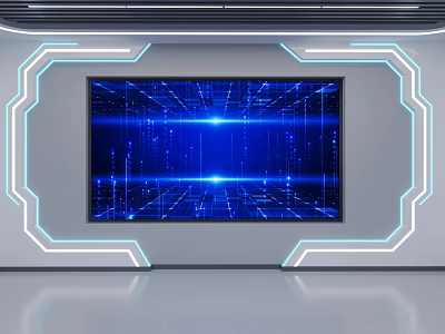 Futuristic Tech Display Wall With Blue Digital Screen And Glowing White Frames 3d model