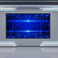Futuristic Tech Display Wall With Blue Digital Screen And Glowing White Frames 3d model