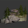 Cartoon Scene with Small Houses Pink Roofs Pine Trees Green Grass and Path