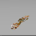 Variety of Colorful Food Items Arranged in Creative Display on Dark Surface