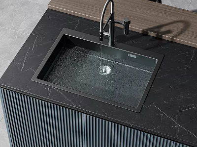 Modern Black Square Quartz Kitchen Sink With Stainless Steel Faucet On Dark Countertop 3d model