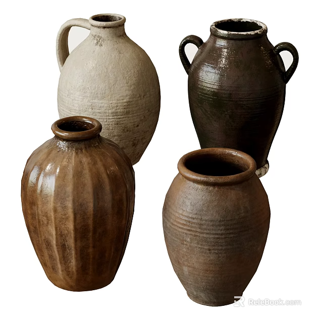 Artisanal Ceramic Vessels Featuring Beige Dark Brown Tones Textured Stripes And Two Handled Styles 3d model 