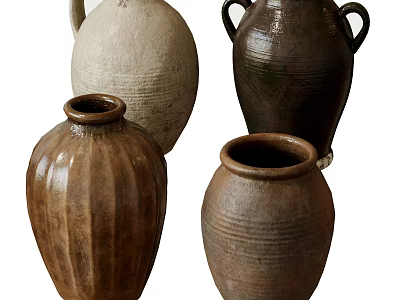 Artisanal Ceramic Vessels Featuring Beige Dark Brown Tones Textured Stripes And Two Handled Styles 3d model