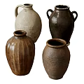 Artisanal Ceramic Vessels Featuring Beige Dark Brown Tones Textured Stripes And Two Handled Styles