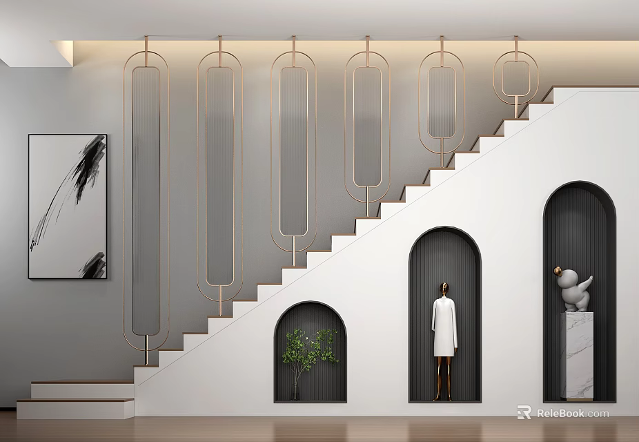 Modern Staircase Interior With Gold Metal Decor Arched Niches Green Plant Mannequin And Sculpture 3d model 