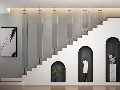 Modern Staircase Interior With Gold Metal Decor Arched Niches Green Plant Mannequin And Sculpture 3d model