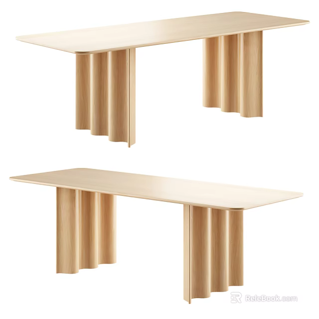 Minimalist Wooden Dining Table Design With Layered Column Legs And Smooth Surface 3d model