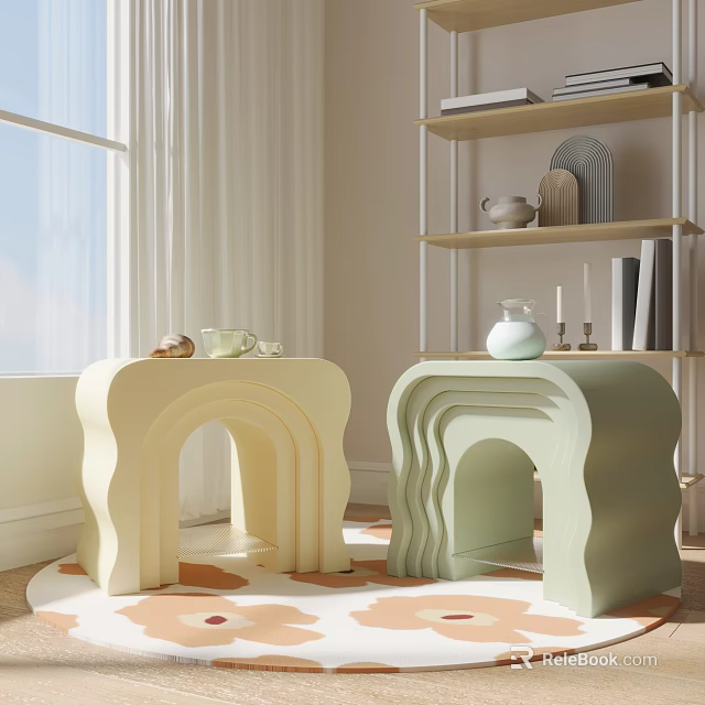 Pastel Colored Curved Side Tables In Bright Living Room With Decorative Items 3d model 